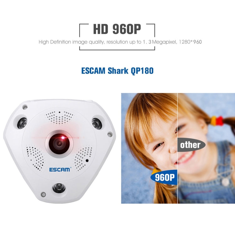 ESCAM Shark QP180 960P 360 Degrees Fisheye Lens 1.3MP WiFi IP Camera, Support Motion Detection / Night Vision, IR Distance: 10m, QP180 ESCAM Shark QP180 960P 360 Degrees Fisheye Lens 1.3MP WiFi IP Camera, Support Motion Detection / Night Vision, IR Distance: 10m, QP180